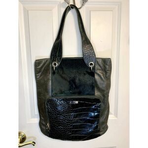 Orciani Green Pony Hair Leather Croc Hobo Tote Bag